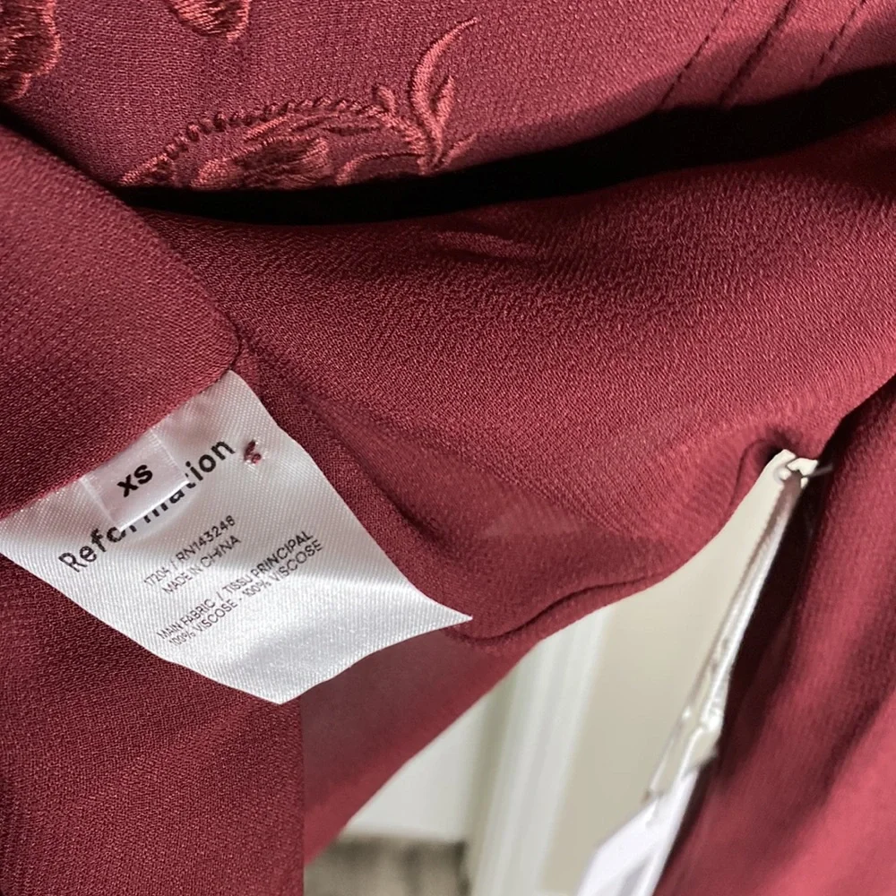 Reformation Burgundy Embroidered High-Neck Blouse